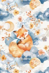 Fototapeta premium A peaceful watercolor painting of a fox sleeping among fluffy clouds. Perfect for dreamy and whimsical designs