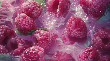 Raspberries floating in a bowl of water, perfect for food and health-related designs