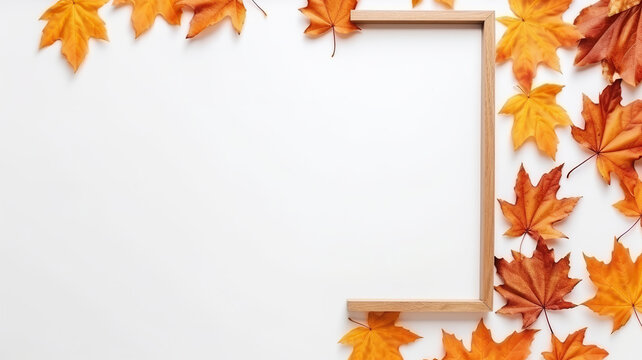 Maple leaves and a wooden picture frame isolated on a white background