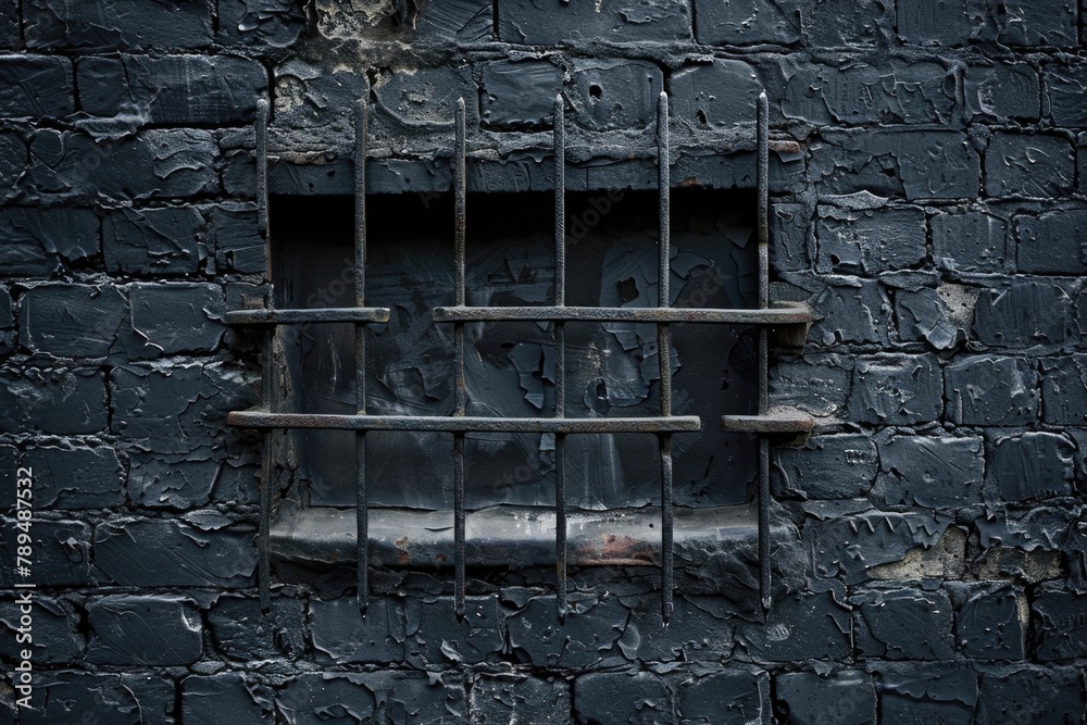 Poster A window with bars on a brick wall. Suitable for architectural or security concepts