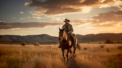 cowboy riding horse - obrazy, fototapety, plakaty