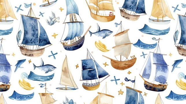 Beautiful watercolor painting featuring sailboats and whales. Perfect for nautical themed designs or ocean lovers