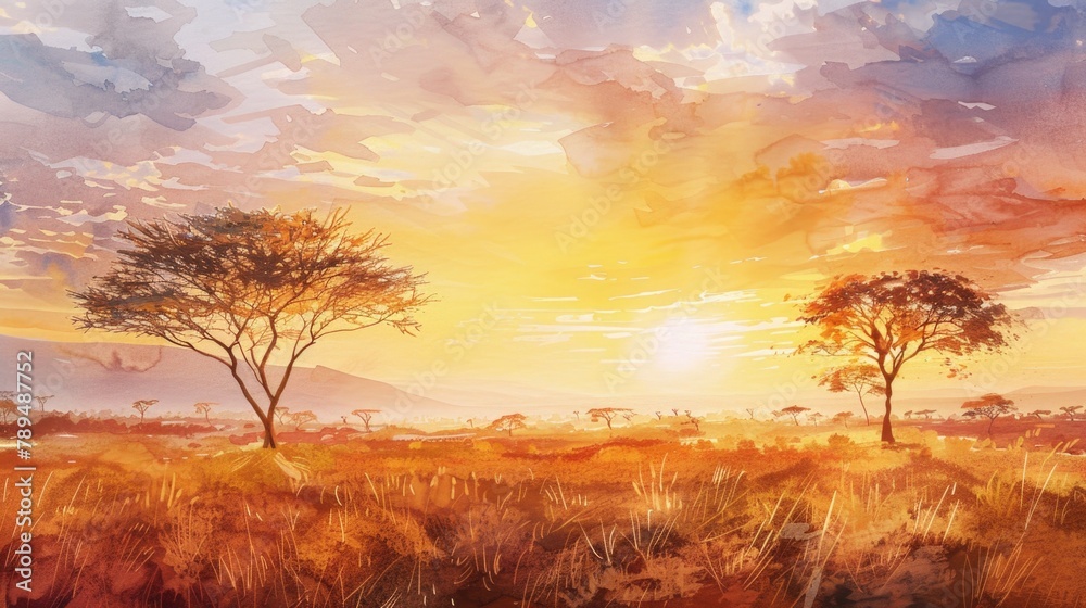 Poster a painting of two trees in a serene field. ideal for nature and landscape themes