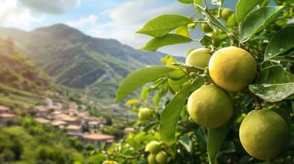 Green grapefruit growing on tree with mountain view. Copy space image. Place for adding text or design - obrazy, fototapety, plakaty