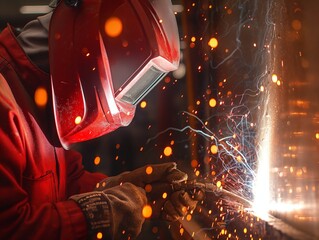 A man in a red helmet is welding. The sparks from the welding are bright and intense, creating a sense of danger and excitement. The man is focused on his work, and the scene conveys a sense of skill