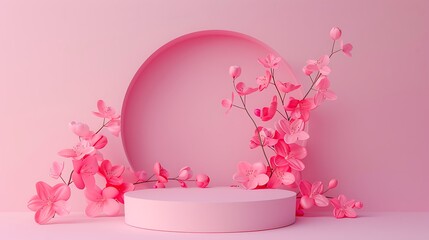 Minimal sweet love scene with display podium for mock up and product brand presentation on pink background