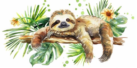 Obraz premium A watercolor painting of a sloth peacefully sleeping on a tree branch. Ideal for nature and animal illustrations