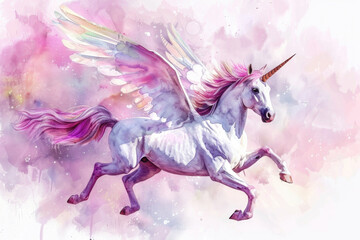 Fototapeta premium Beautiful watercolor painting of a unicorn with wings. Perfect for fantasy themed designs