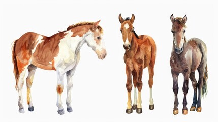 Group of three horses standing together. Ideal for animal lovers - obrazy, fototapety, plakaty