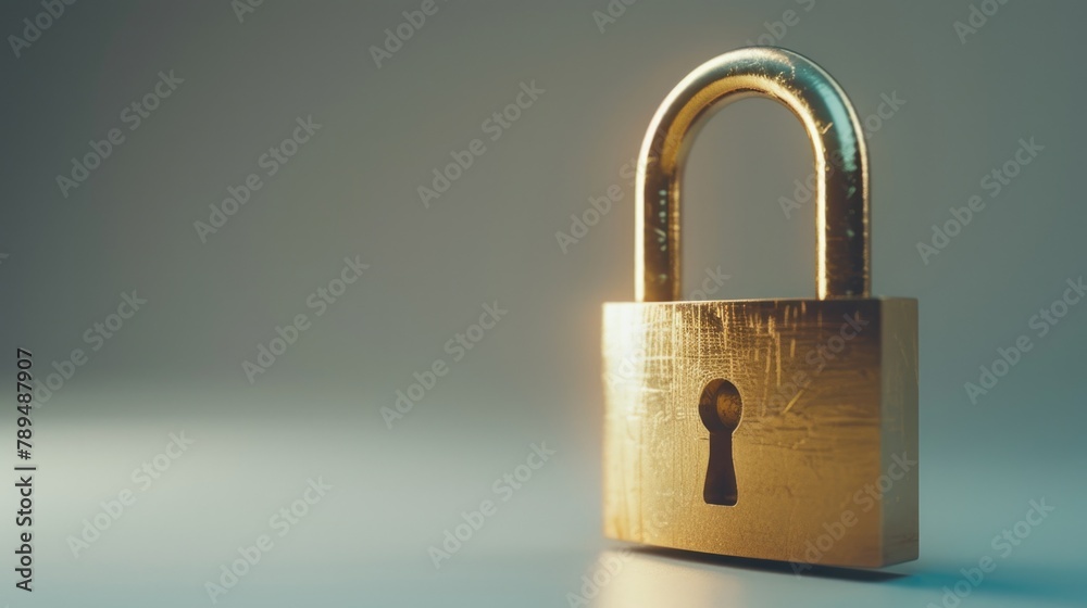 Poster A golden padlock resting on a blue surface. Ideal for security concepts