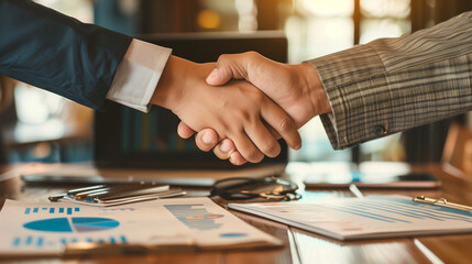 
two businesss person handshaking after sucess business agreement negotiation,closing a profitable contract, celebrating a successful partnership, finalizing the agreement, affirming the deal, - obrazy, fototapety, plakaty