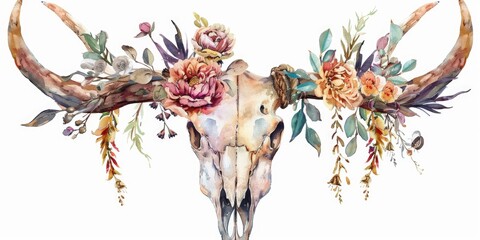 A beautiful watercolor painting of a cow skull adorned with colorful flowers. Perfect for rustic and bohemian themed designs