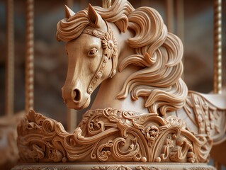 A wooden horse head with a mane and tail is sitting on a carousel. The horse is carved with intricate details and he is a work of art. The carousel itself is a wooden structure with multiple horses