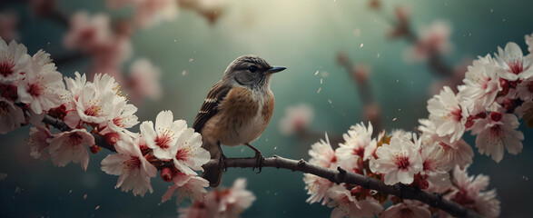 Feathered Flora: A Small Bird Amid Blooming Cherry Blossoms, Blending Life and Growth - Close-Up Double Exposure Photo