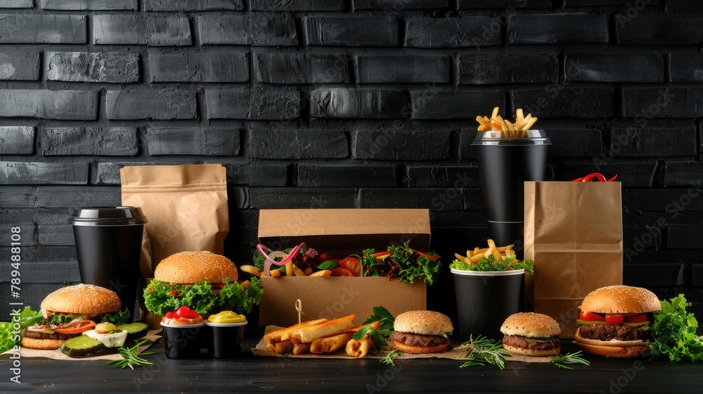 Poster various types of food displayed on a table, suitable for food and restaurant concepts