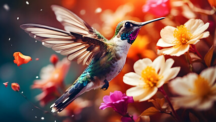Nature's Dance: A Hummingbird Amid Vibrant Flowers - Close-Up Double Exposure Photo Concept