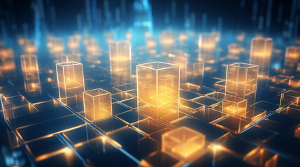 Blue and gold cubes with neon glow light, creativity, database, digital, internet, blockchain, innovation concept, hi-tech abstract backgroud, generative AI