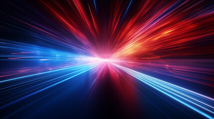 Futuristic speed motion with blue and red rays of light abstract background, generative AI