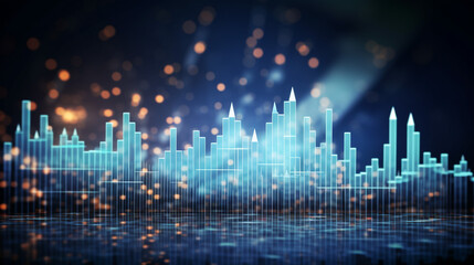 Perspective view of stock market growth, business investing and data concept with digital financial chart graphs, diagrams and indicators on dark blue blurry background, generative AI