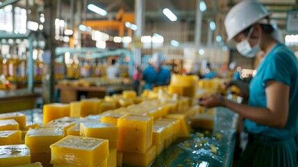 A worker conducting a quality check on freshly made yellow soap bars in an industrial manufacturing setting. - obrazy, fototapety, plakaty