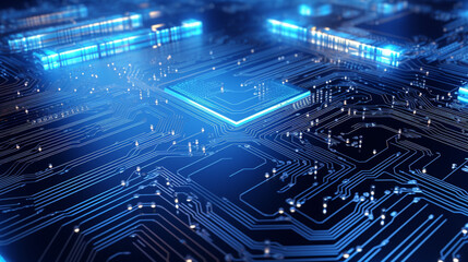 Quantum computer technologies concept. Futuristic blue circuit board background. Modern technology circuit board texture background design. Waves flow. Quantum explosion technology, ill, generative AI