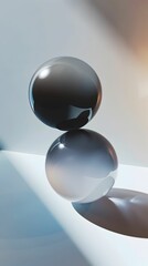 A single black sphere balancing on a glossy surface with a clear reflection and soft background lighting.