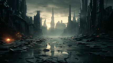post-apocalypse war destroyed city sunset in the city