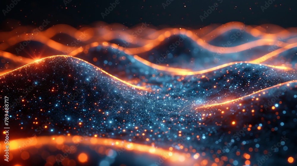 Aufkleber This is an abstract digital landscape with flowing particles. It can be used as a background for cyber or technology.
