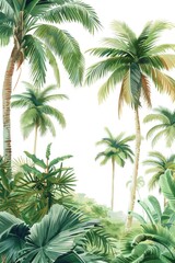 A vibrant painting of palm trees against a white backdrop. Suitable for tropical themes