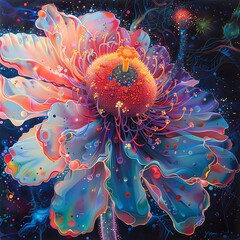 Capture the intricate details of a cybernetic flower blooming with neon petals, blending futuristic tech and delicate poetry in a surreal oil painting