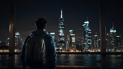 Fototapeta na wymiar Dynamic Urban Nights: Backpacker's City Vibes in Metropolis