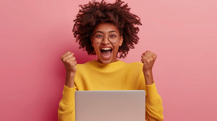 
Excited happy african american woman feeling winner rejoicing online win got new job opportunity, overjoyed motivated mixed race girl student receive good test results on laptop celebrating admission