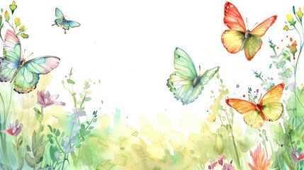 Colorful watercolor painting of flowers and butterflies, perfect for nature-themed designs
