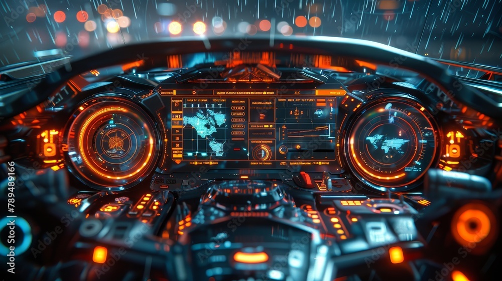 Fototapete A futuristic vehicle with a graphical user interface (GUI). An intelligent car. A connected car. An Internet of Things-enabled car. A heads-up display (HUD)...