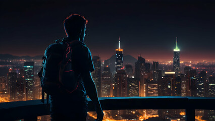 City Explorer: Neon Nights - The mesmerizing allure of night exploration as a backpacker's silhouette blends with the neon glow in the city lights.
