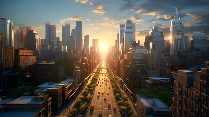 sunset over the city futuristic