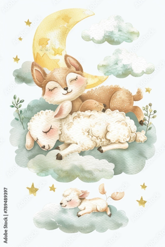 Poster Peaceful image of two sheep resting on a fluffy cloud. Suitable for children's book illustrations