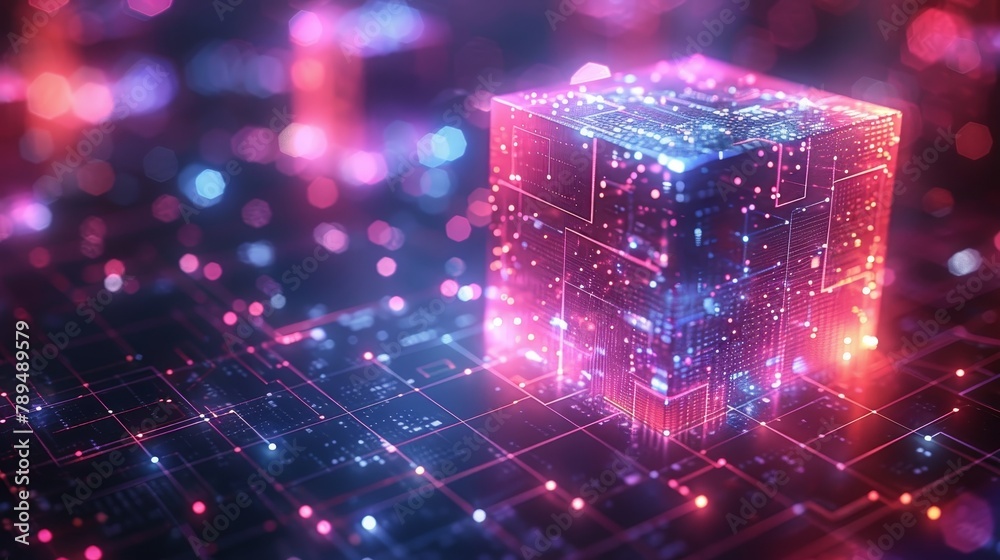 Poster Graphene 3D box with isometric polygons in light blue and purple on dark background. Blockchain, Big Data and Artificial Intelligence concepts.