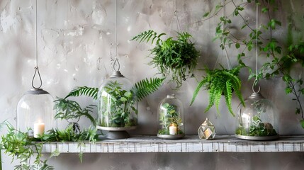 Lush Indoor Greenery Display with Hanging Terrariums and Potted Plants on Rustic Wood Shelf