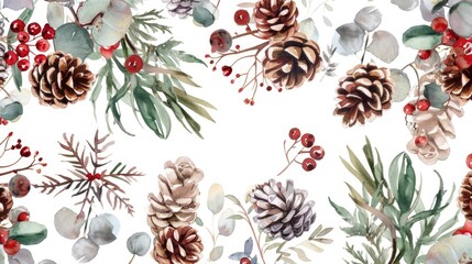 Beautiful watercolor painting of pine cones and berries, perfect for winter themes