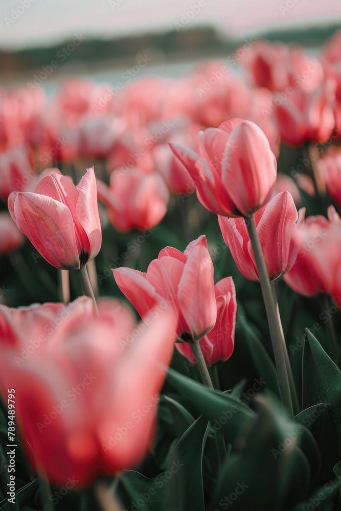 Poster a beautiful field of pink tulips with a serene lake in the background. perfect for springtime or nat