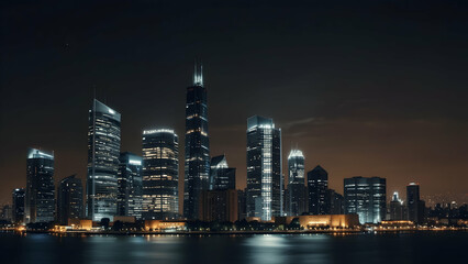 City Skyline Success: A Vibrant Backdrop of City Lights and Skyscrapers Celebrating Business Ambition and Success