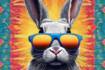 Close-up of a fashionable gray rabbit wearing glasses on a neon color background.