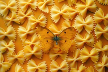 A beautiful butterfly perched on a mound of pasta. Perfect for food and nature concepts