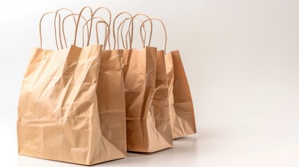 A group of brown paper bags sitting next to each other. Perfect for eco-friendly and shopping concepts