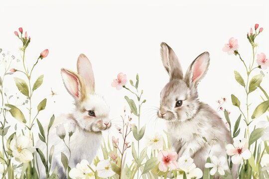 Two rabbits sitting in a field of colorful flowers. Suitable for nature and animal themed designs