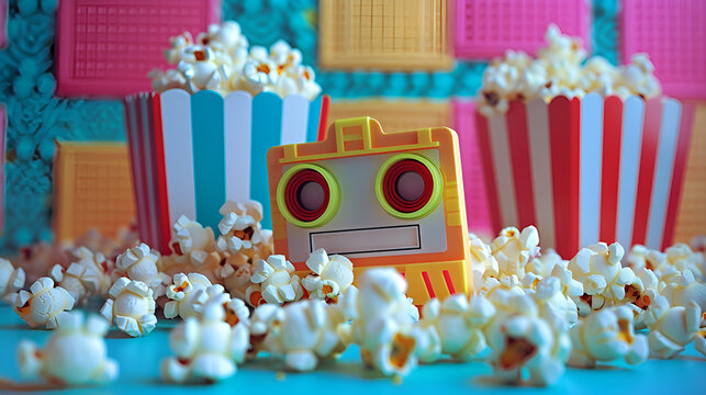 Close up image of a red and white striped popcorn cup with lots of popcorn in a movie theater. 