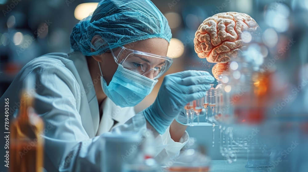 Aufkleber Brain testing results are checked and patients' brains examined with intelligent software. Artificial intelligence, medical healthcare, and digital science are transforming health care.
