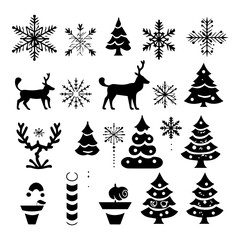 Black and white silhouette of christmas and elements