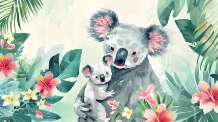 A beautiful watercolor painting of a koala with her baby. Perfect for children's books or wildlife illustrations